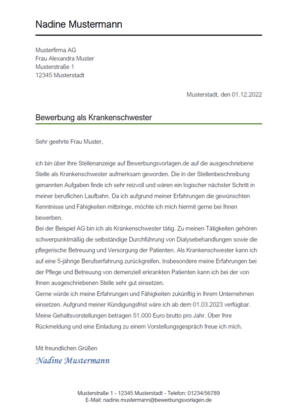 Anschreiben Krankenschwester / Krankenpfleger - Bewerbungsvorlagen.de