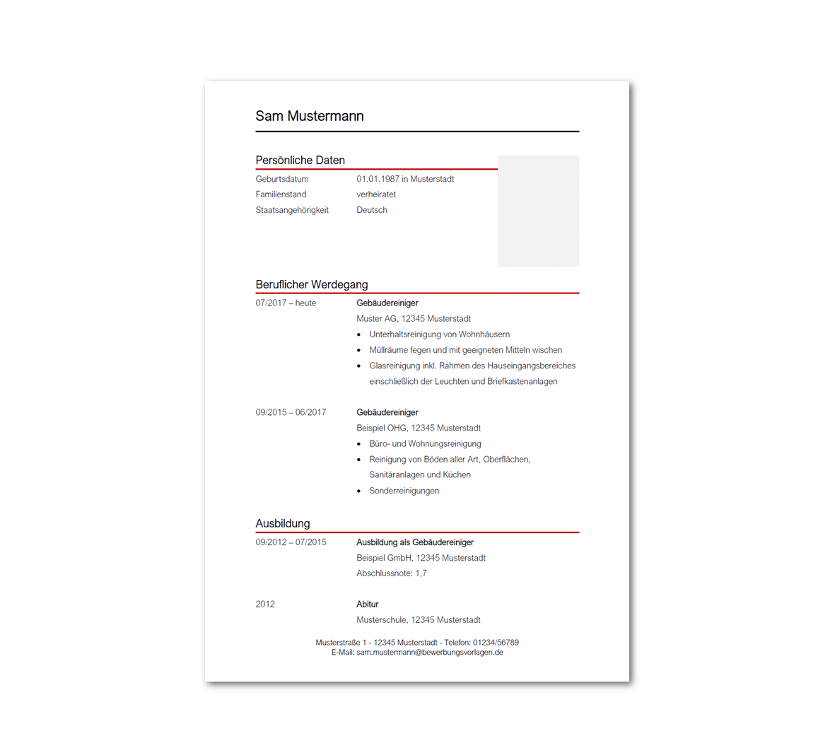 Lebenslauf-Vorlage Gebäudereiniger / Gebäudereinigerin: Kostenloser Download Lebenslauf-Vorlage Gebäudereiniger / Gebäudereinigerin: Kostenloser Download