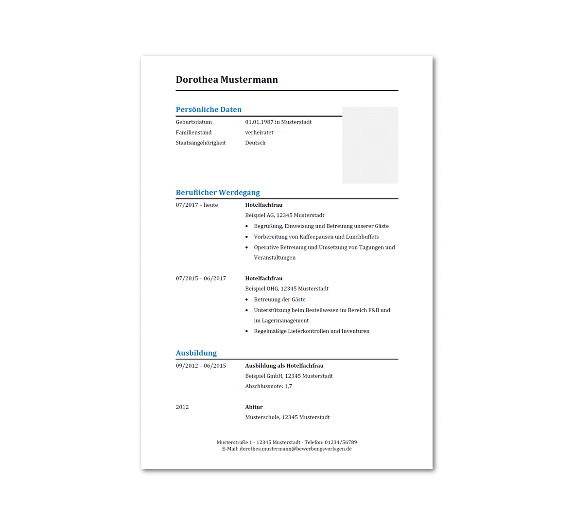 Lebenslauf Hotelfachfrau / Hotelfachmann - Bewerbungsvorlagen.de