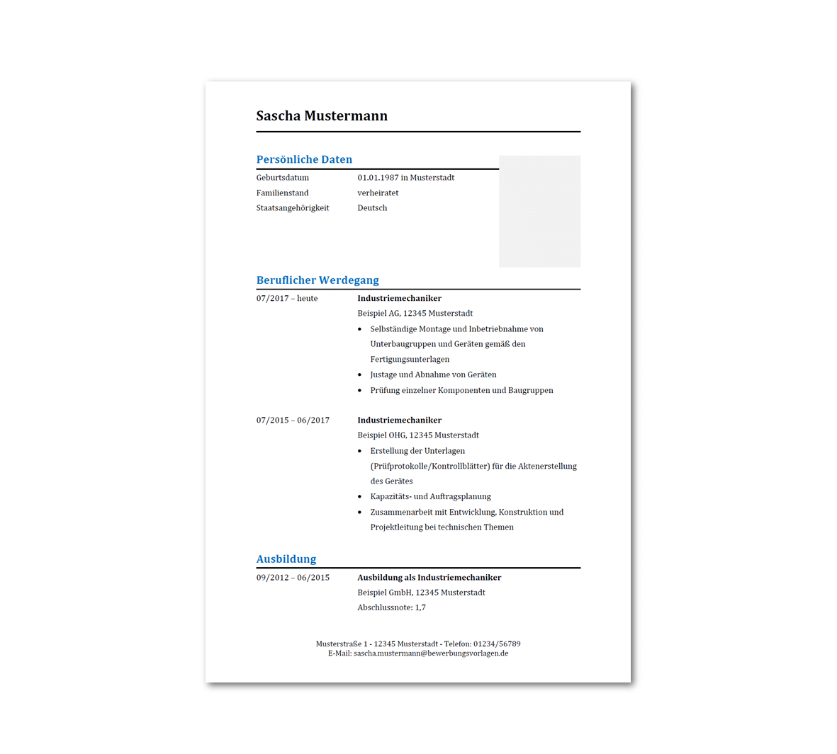 Lebenslauf Industriemechaniker / Industriemechanikerin
